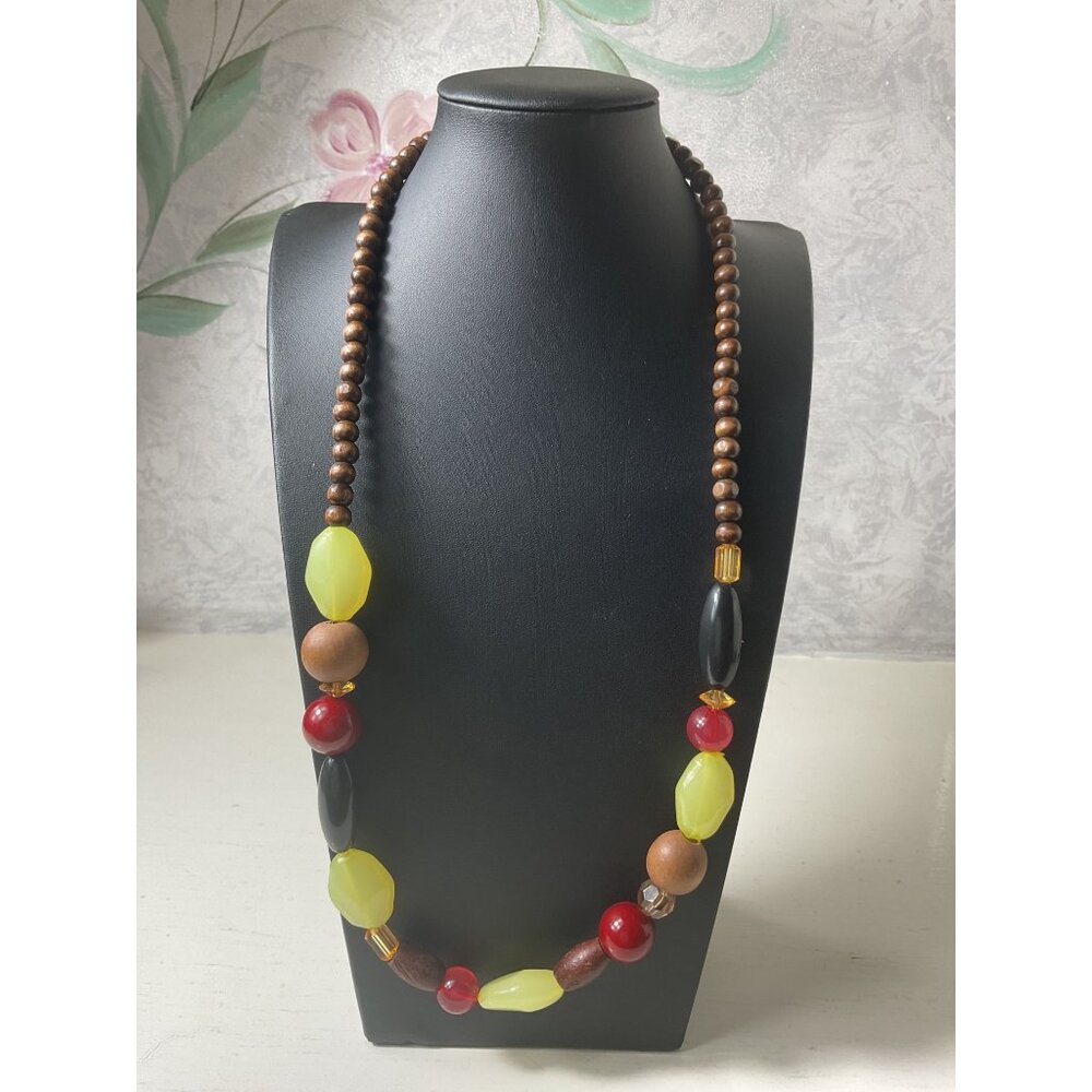 Vintage Beaded Necklace With Wooden & Chunky Beads Yellow & Red Accents Tassel C